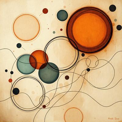 The primary subject of the image is a painting featuring a variety of circles and swirls. The setting is a canvas, and the visual style is a combination of digital art and illustration. The dominant colors in the painting are orange and blue, creating a warm and vibrant atmosphere. The painting is likely a representation of a sun, as it is described as a sun painting.